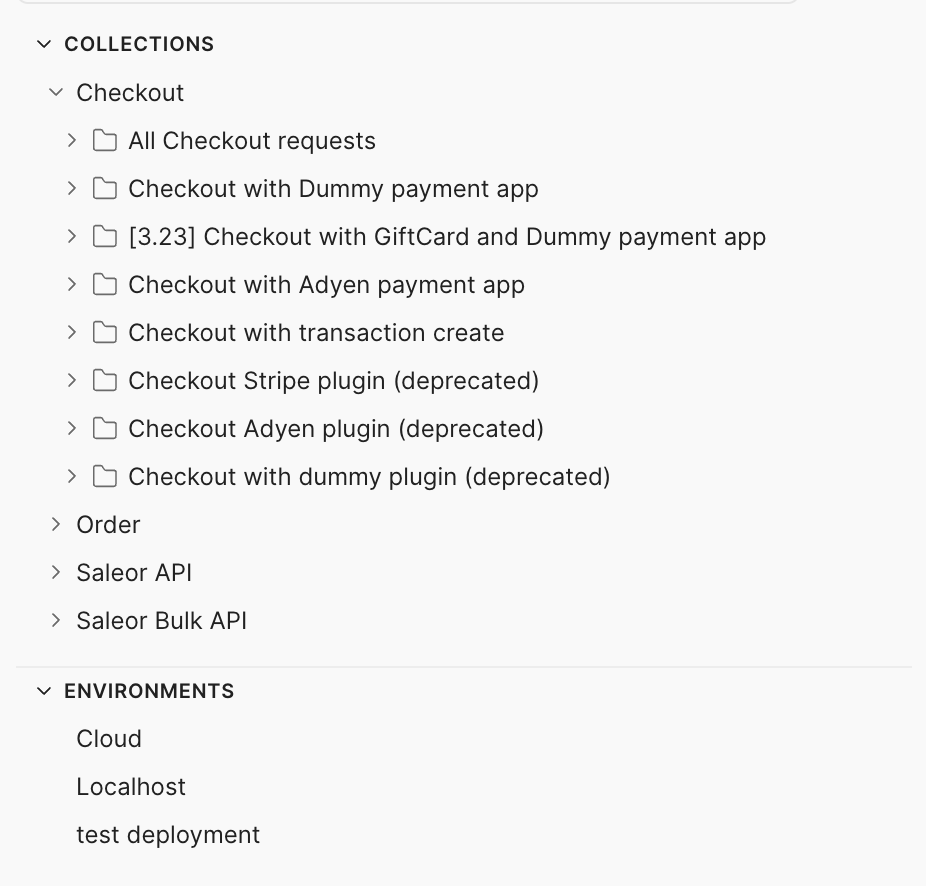 Collection folder structure showing different checkout flows