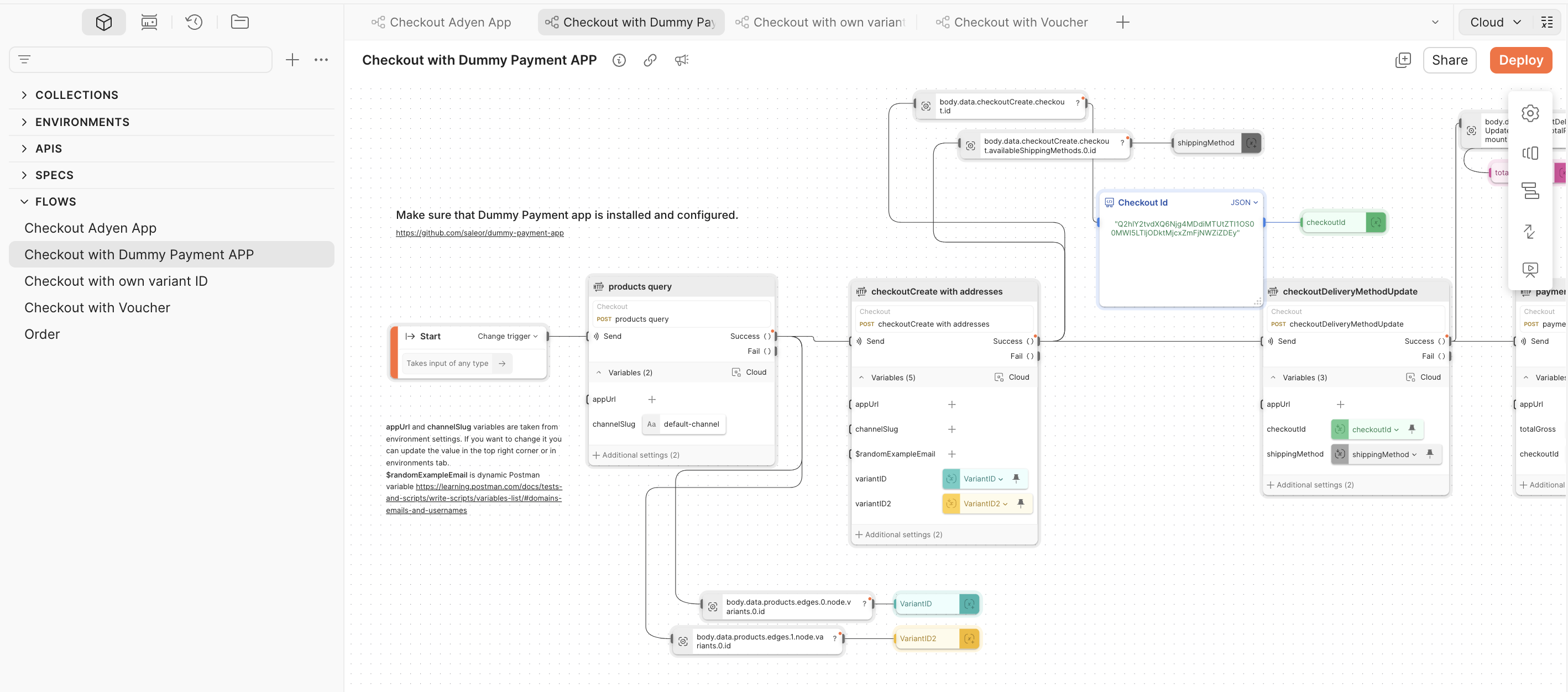 Postman Flow for checkout sequence